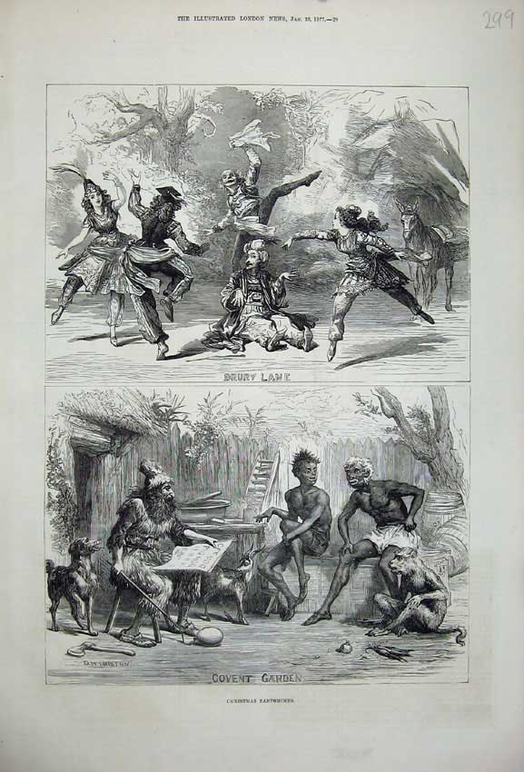 Old Antique Print 1877 Christmas Pantomimes Covent Garden Drury Theatre 19th