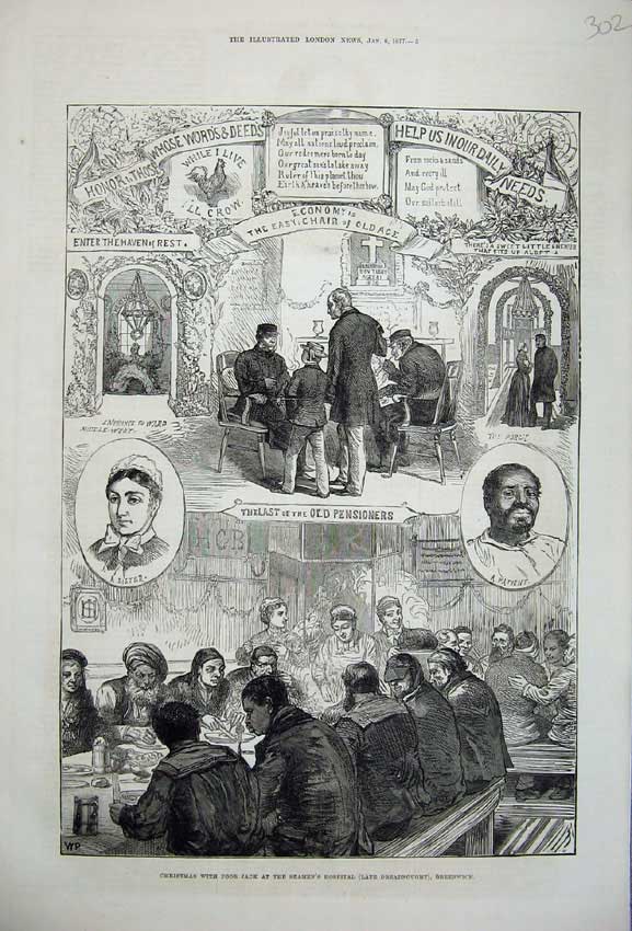 Original Old Antique Print 1877 Christmas Jack Seamans Hospital Greenwich Nurse
