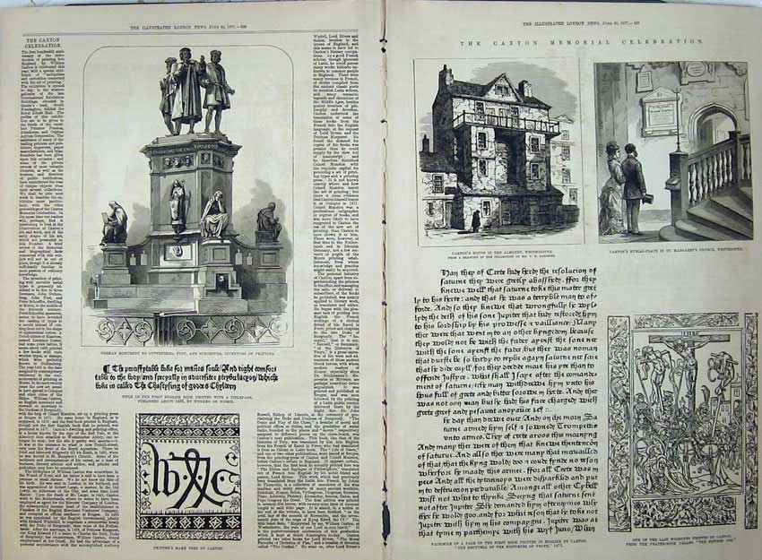 Old Antique Print 1877 Monument Guttenberg Caxton House Westminster Art 19th