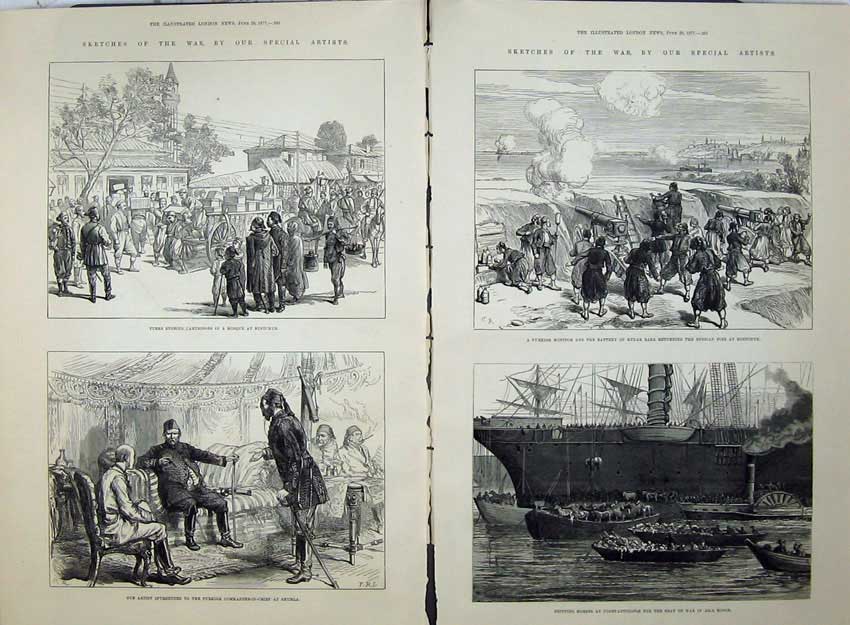 Old Antique Print War 1877 Turks Mosque Rustchuk Shumla Ship Horses Asia 19th