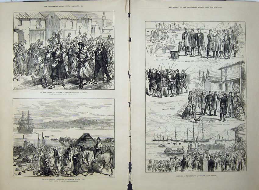 Antique Old Print 1877 War Fortifications Varna Ship Troops Trebizond Sea 19th