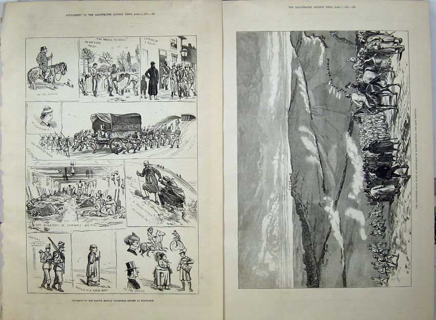 Old Antique Print 1877 Ta Volunteer Review Dunstable Sham Fight War Army 19th