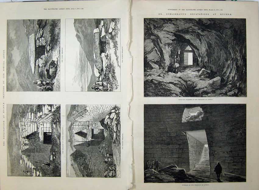 Old Antique Print 1877 Rock-Cut Chamber Treasury Atreus Mycenae Fine Art 19th