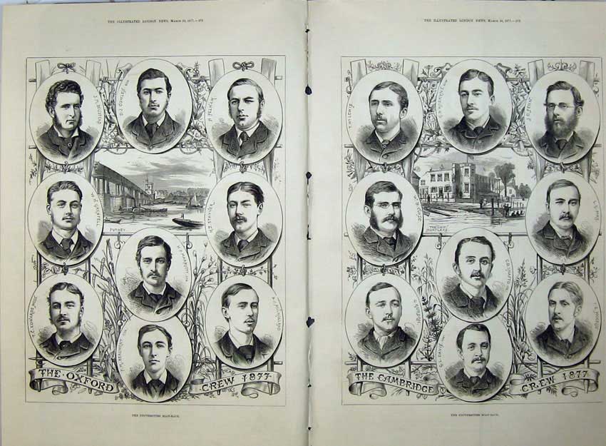 Original Old Antique Print 1877 Oxford Cambridge Boat Race Men Crews Portraits