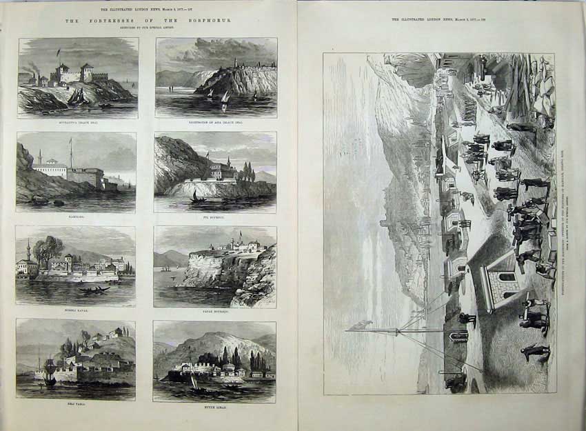 Old Antique Print Bosphorus 1877 Karibjeh Fortress Bournou Mahdjar Deli 19th