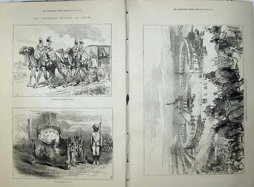 Antique Old Print Imperial Durbar Delhi 1877 Camels Viceregal Howdah Army 19th