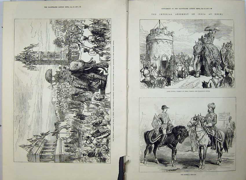 Antique Old Print Imperial Assembly India 1877 Lord Lytton Flagstaff Army 19th