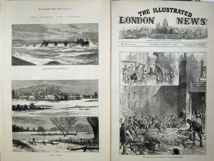 Original Old Antique Print Storms Floods 1877 Eastbourne Pier Guildford Thames