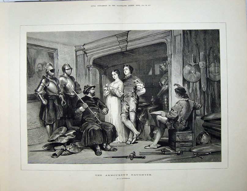 Antique Old Print Fine Art 1877 Armourer'S Daughter Romance Knight Armour 19th