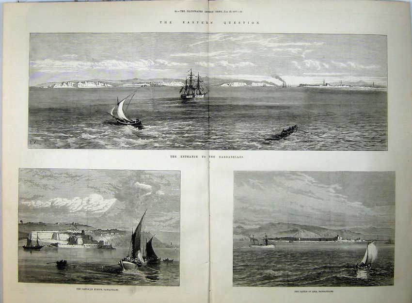 Old Antique Print 1877 Entrance Dardanelles Castle Europe Asia Ships Sea 19th