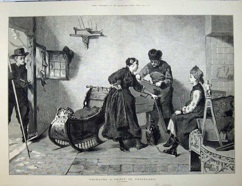 Original Old Antique Print Fine Art 1877 Grinding Ice Skating Friezland People