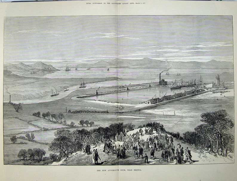 Antique Old Print 1877 New Avonmouth Dock Bristol Harbour Ships Sea Hills 19th