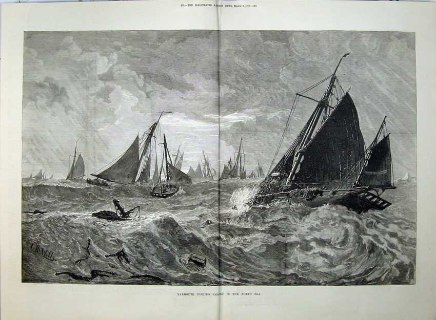 Old Antique Print 1877 Yarmouth Fishing Smacks North Sea Sailing Boats 19th