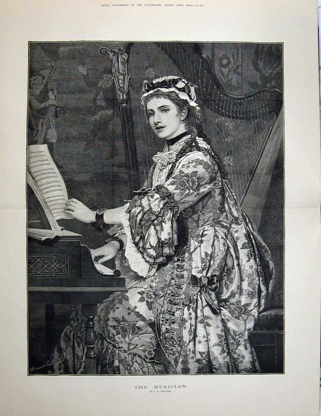 Original Old Antique Print 1877 Portrait Beautiful Woman Musician Fine Art