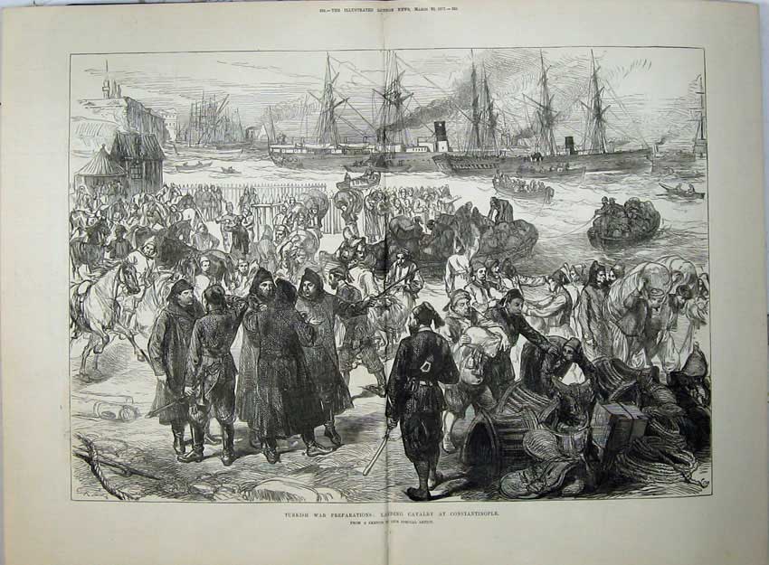 Old Antique Print 1877 Turkish War Sailing War Ships Constantinople Army 19th
