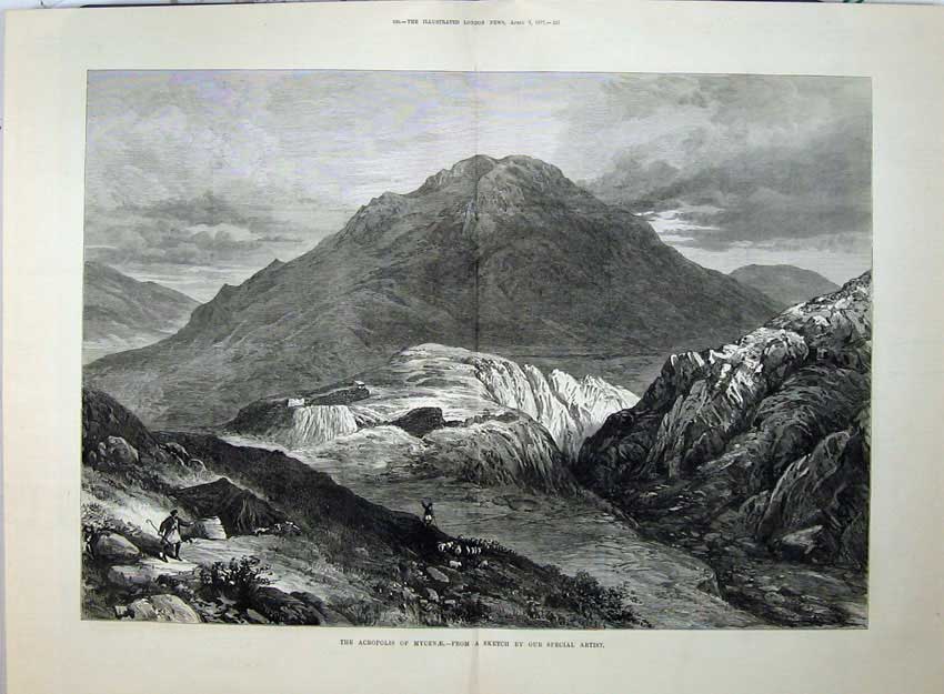 Antique Old Print Mountain View Acropolis Mycenae Men Sheep Fine Art 1877 19th