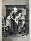Original Old Antique Print 1877 Fine Art Mother Children Box Chair House 19th