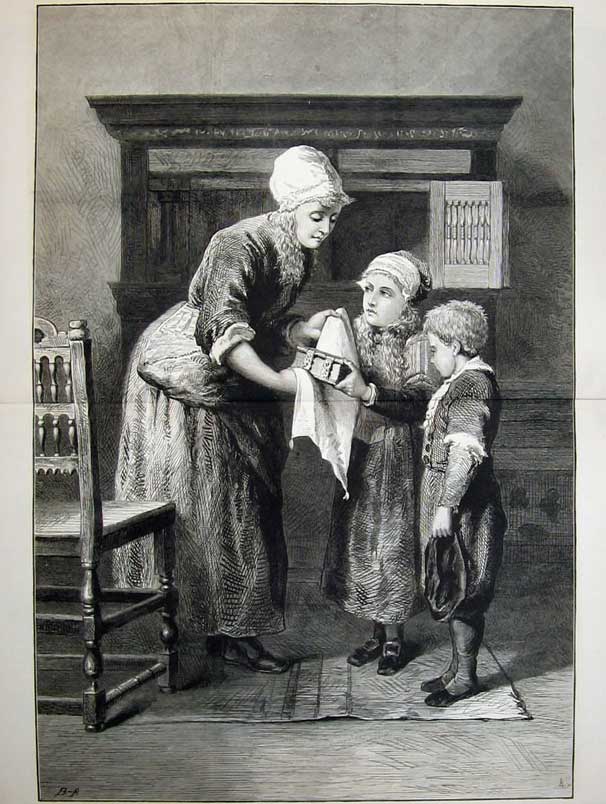 Original Old Antique Print 1877 Fine Art Mother Children Box Chair House 19th