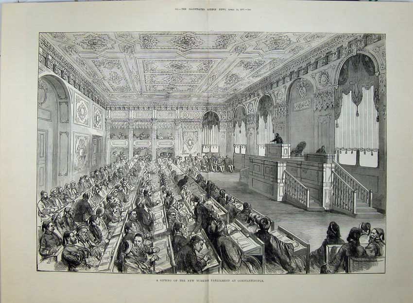 Old Antique Print 1877 Men Meeting New Turkish Parliament Constantinople 19th