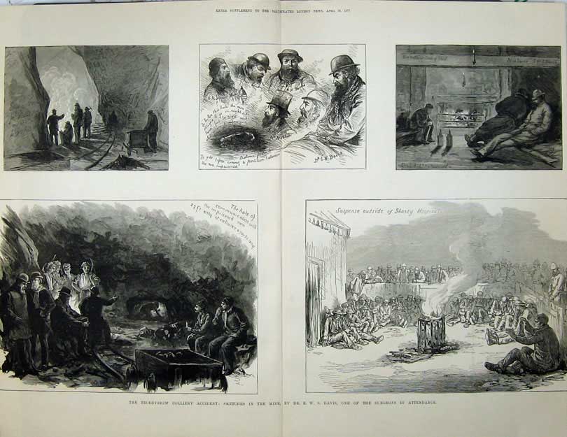 Antique Old Print 1877 Troedyrhiw Colliery Mine Accident Men Hospital Art 19th