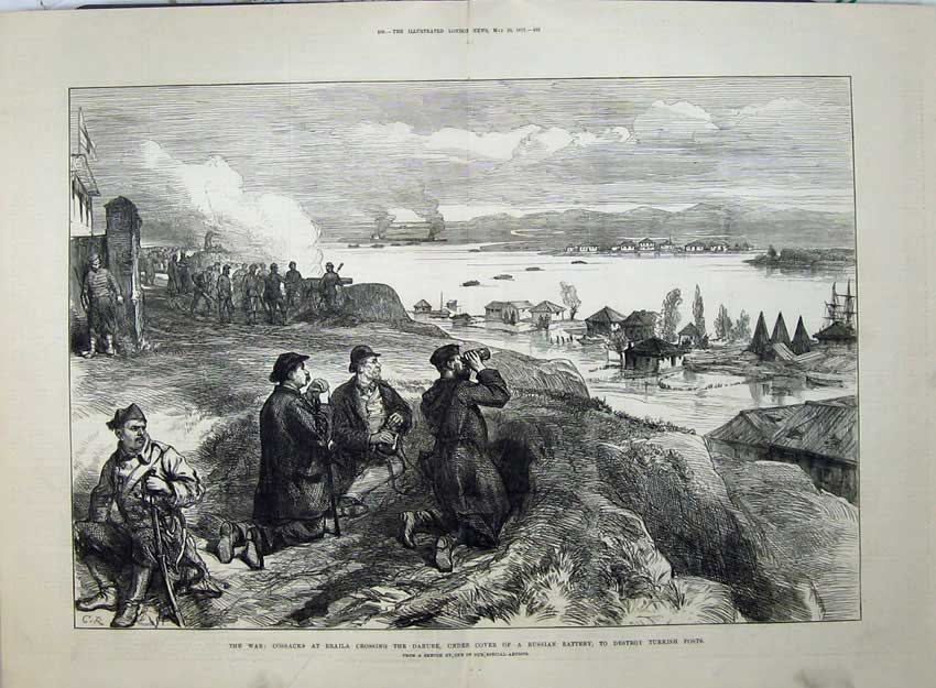 Old Antique Print 1877 War Cossacks Braila Danube River Russian Battery 19th