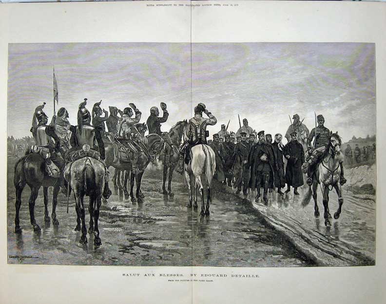 Old Antique Print 1877 Salut Aux Blesses Fine Art Army Siers War Paris 19th