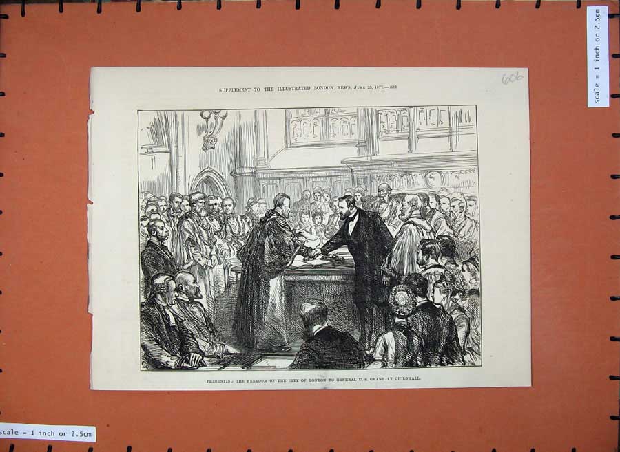 Original Old Antique Print 1877 Men Freedom City London General Grant Guildhall