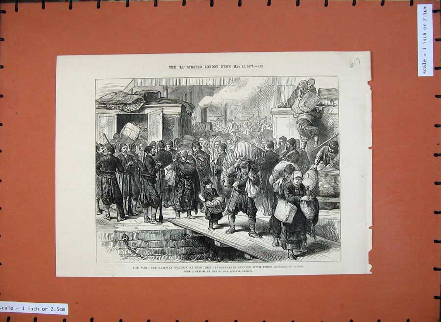 Old Antique Print 1877 War Railway Station Rustchuk People Train Sketch 19th
