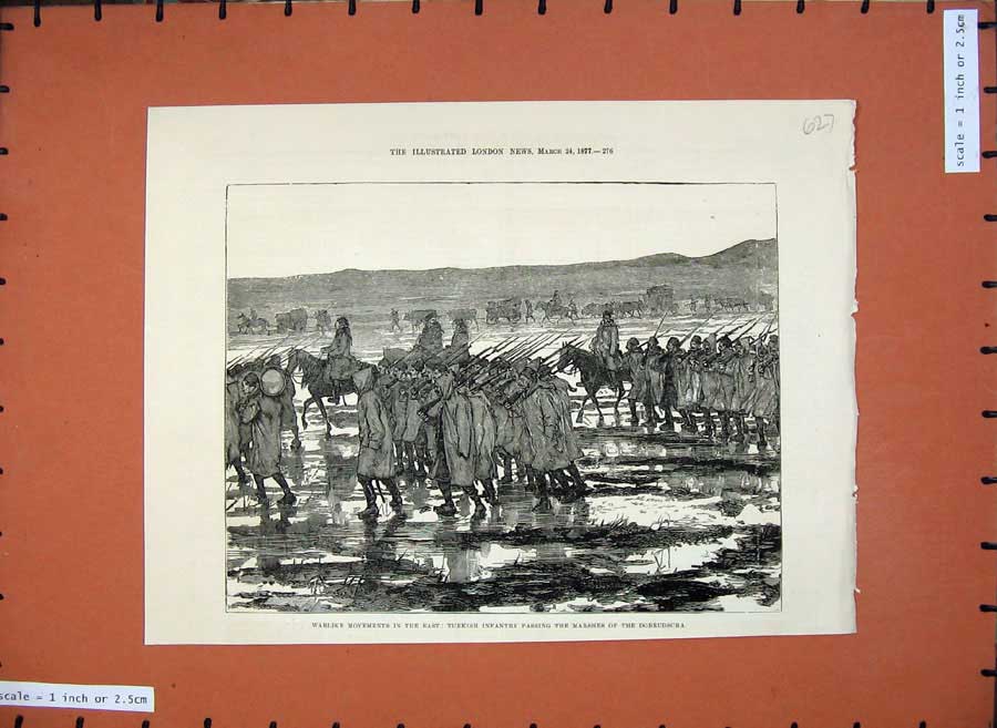 Old Antique Print 1877 War Turkish Infantry Army Marshes Dobrudscha Art 19th