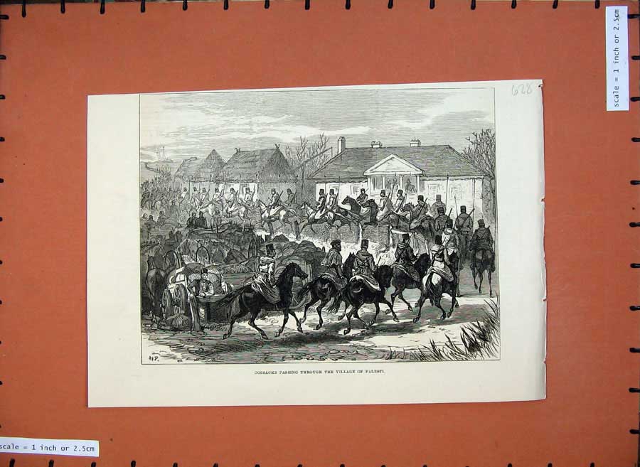 Original Old Antique Print 1877 Cossacks Army Village Falesti Horses War 19th