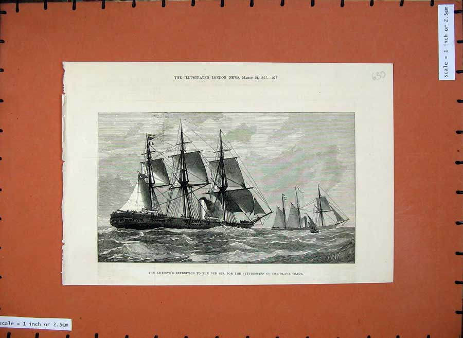 Old Antique Print 1877 Khedive'S Expedition Red Sea Ships Slave Trade Art 19th