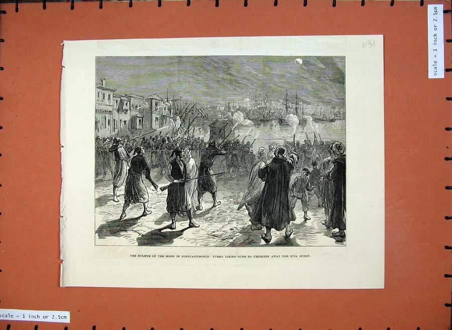 Old Antique Print 1877 Eclipse Moon Constantinople Turks Guns Evil Spirit 19th