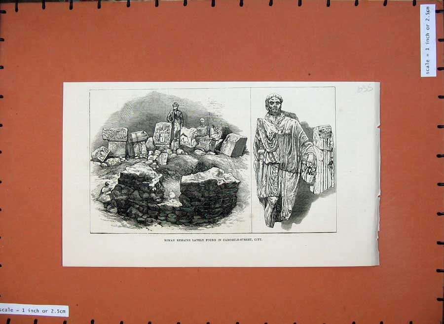 Original Old Antique Print 1877 Roman Remains Camomile Street Archeology 19th