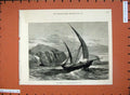 Original Old Antique Print 1877 Fine Art Cape Comorin India Sailing Yacht Sea