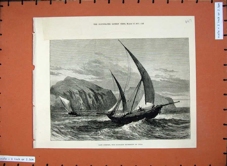 Original Old Antique Print 1877 Fine Art Cape Comorin India Sailing Yacht Sea