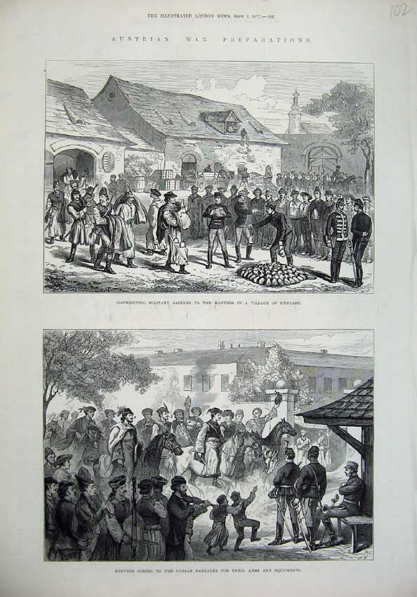 Old Antique Print 1877 Hungary Honveds Hussar Barracks War Austrian Art 19th