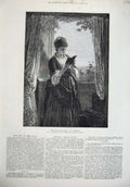 Old Antique Print 1877 Fine Art Young Lady Standing Window Reading Book 19th