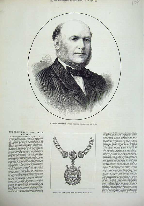 Old Antique Print 1877Portrait Grevy President French Chamber Mayor Chain 19th
