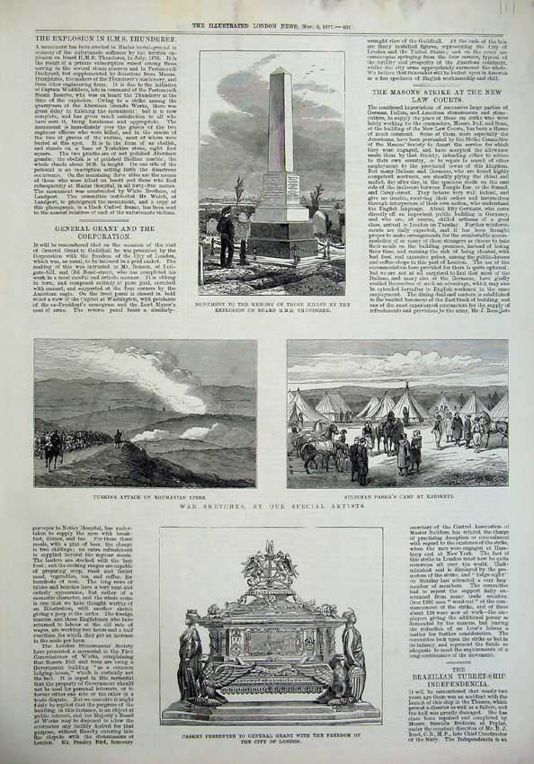 Old Antique Print 1877 Monument Thunderer War Turkish Attack Casket Camp 19th