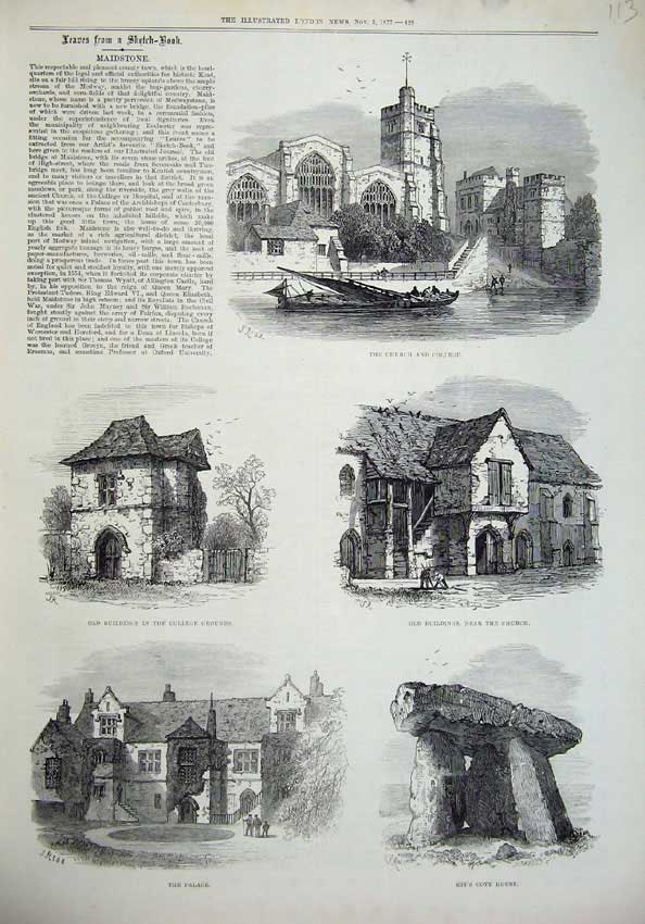 Old Antique Print Maidstone 1877 Church College Kit'S Coty House Palace 19th
