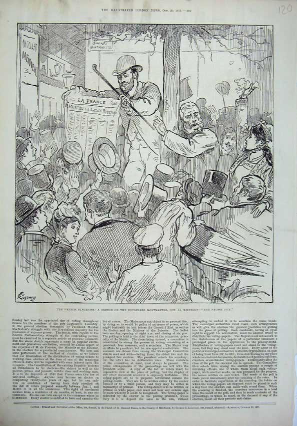 Old Antique Print 1877 French Elections Men Boulevard Montmartre Sketch 19th