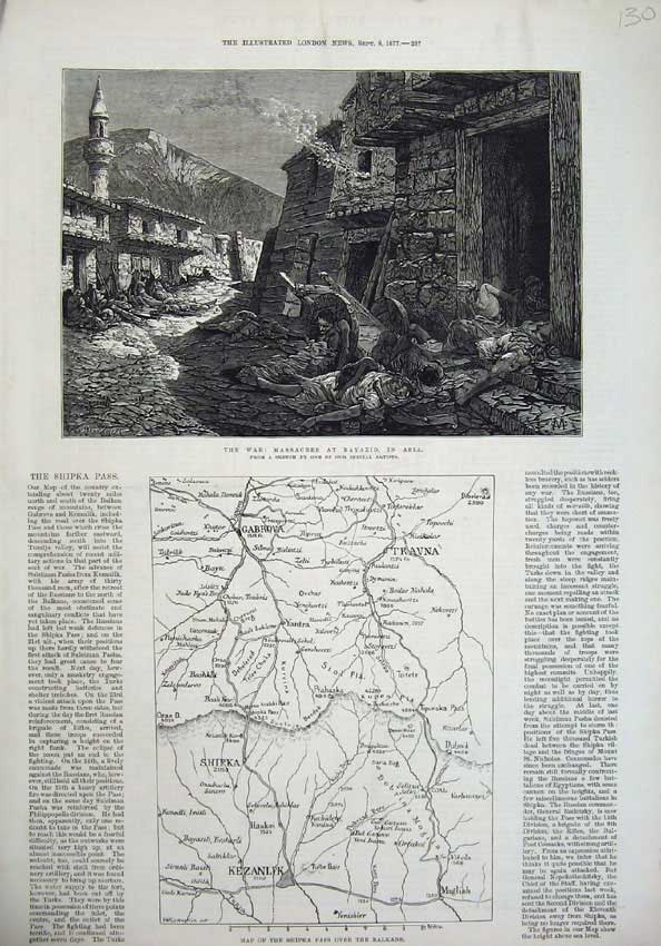 Old Antique Print 1877 War Massacres Bayazid Asia Map Shipka Pass Balkans 19th