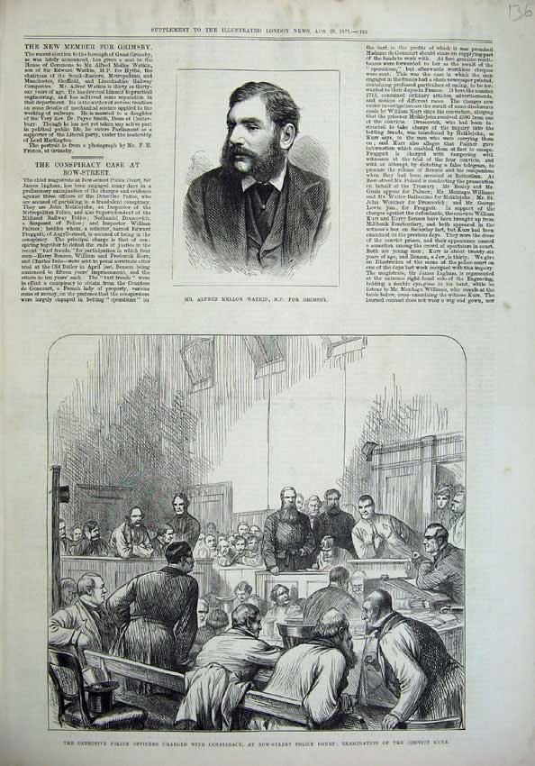 Original Old Antique Print 1877 Alfred Watkins M.P Police Court Convict Kurr