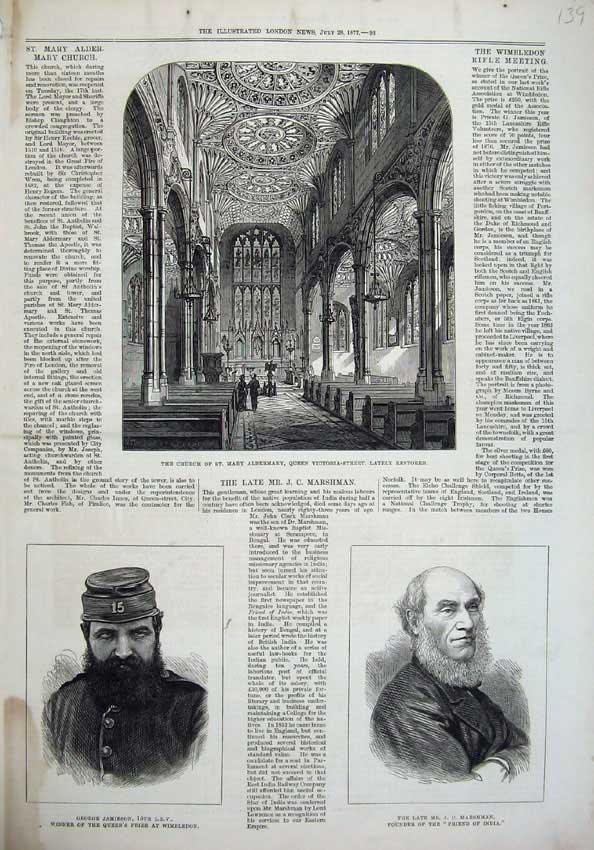 Original Old Antique Print Church Mary Aldermary 1877 Jamieson Marshman Army