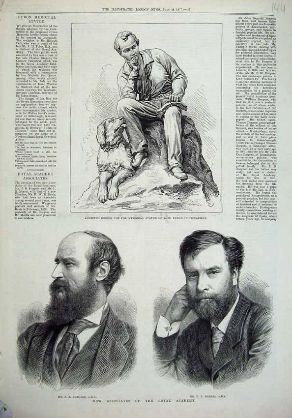 Original Old Antique Print 1877 Royal Academy Burgess Morris Statue Lord Byron