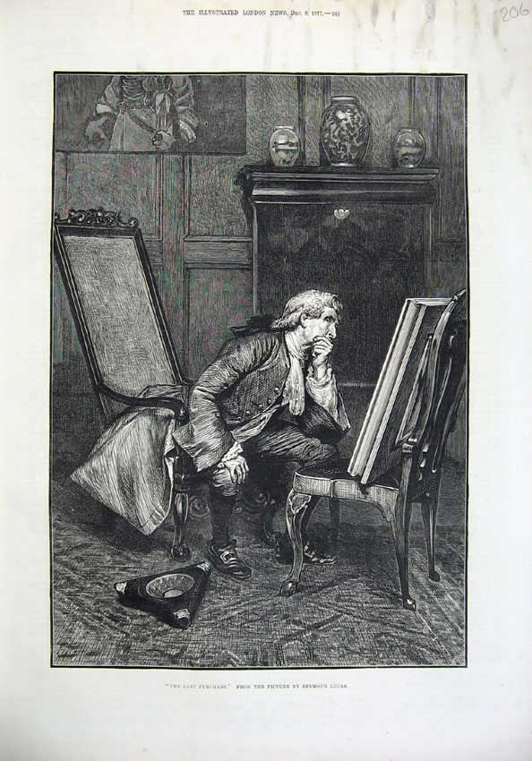 Old Antique Print 1877 Fine Art Man Gazing Painting Sitting Chair Lucas 19th
