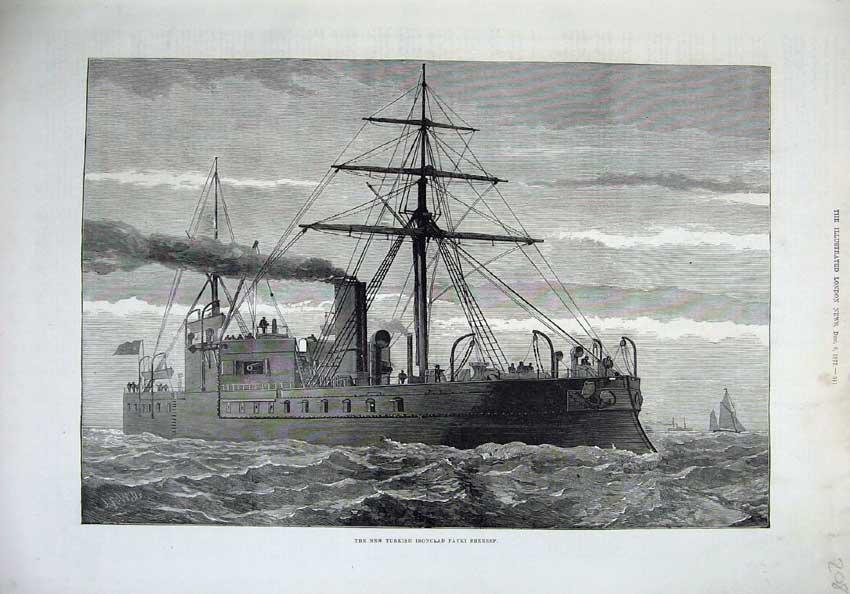 Old Antique Print 1877 Turkish Ironclad Ship Payki Shereef Sea Fine Art 19th