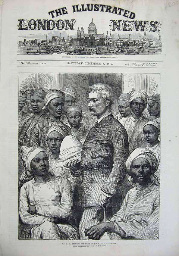 Original Old Antique Print 1877 Mr Stanley Native Followers Coloured Men Sketch
