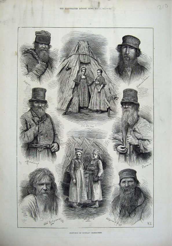 Original Old Antique Print 1877 Sketches Russian Characters Farmer Beggar Girls