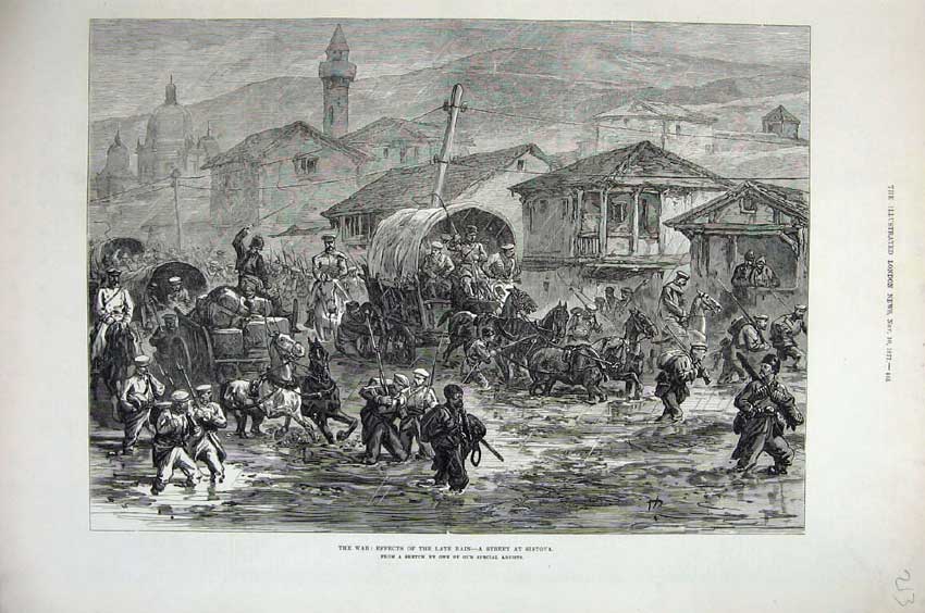 Original Old Antique Print War 1877 Rain Flooding Street Sistova Horse Coach